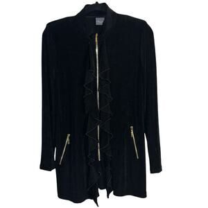Travelers by Chico’s Long Length Ruffled Full Zip Black Jacket | XS